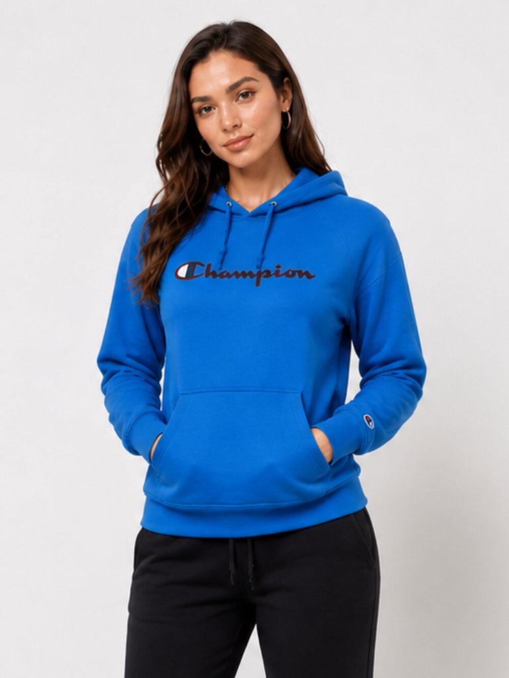 Champion Women's Hoodie Blue Script Logo Pullover Sweatshirt Size M Long Sleeve - Picture 2 of 11